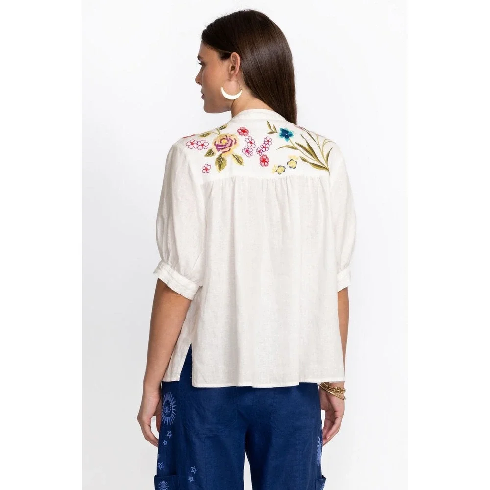Johnny Was XL Jessi Shirred Yoke Blouse White Linen Embroidered Button Up Top - Picture 4 of 14